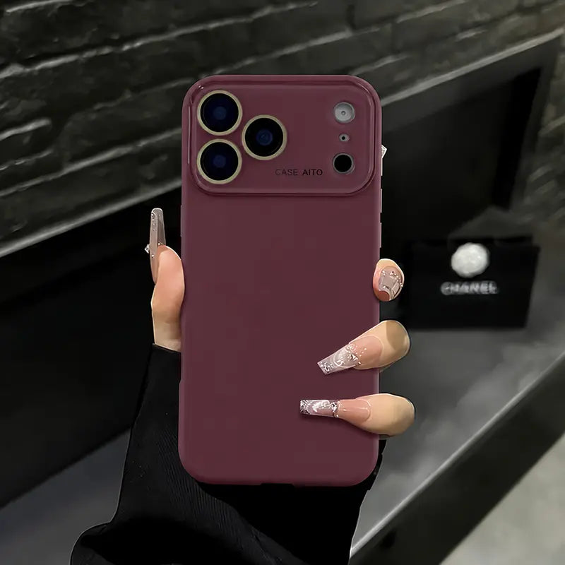 Burgundy High Quality Skin Feel Glass Lens Phone Case for Iphone 18 Pro Max 17 Air 17 Pro 17 16 15 14 13 12 Pro Max Shockproof Lens Protective Back Cover.Jn006